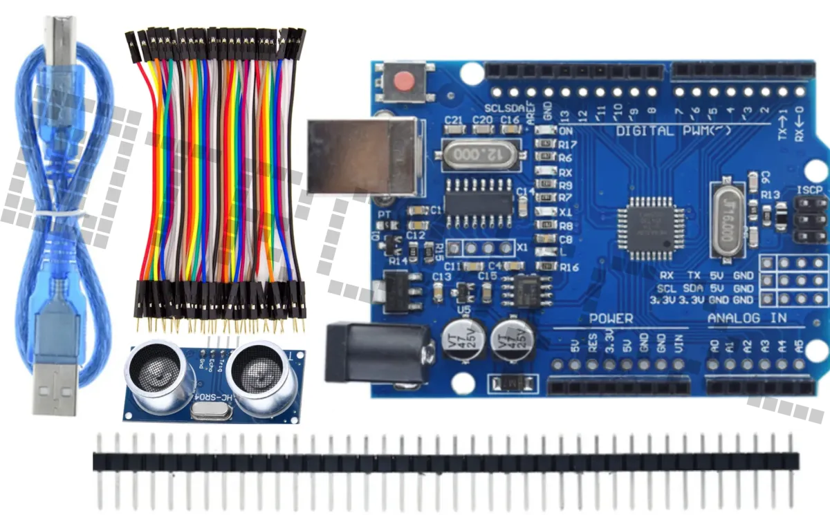 Kit de démarrage pour Arduino Uno R3 avec le capteur de distance HC-SR04 et des câbles Dupont