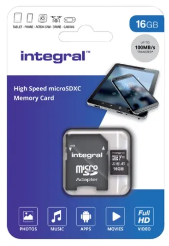 Carte microSDHC Integral 16GB V10 High Speed Class 10 - 100MB/s Adaptateur SD