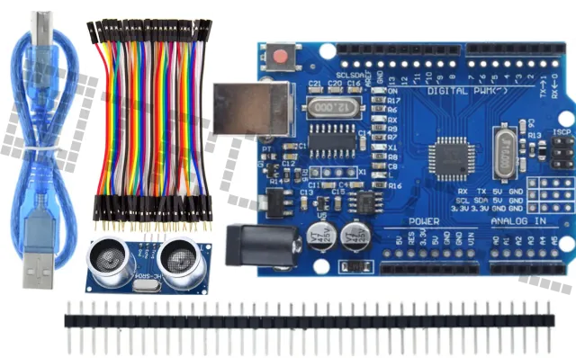 Kit de démarrage pour Arduino Uno R3 avec le capteur de distance HC-SR04 et des câbles Dupont