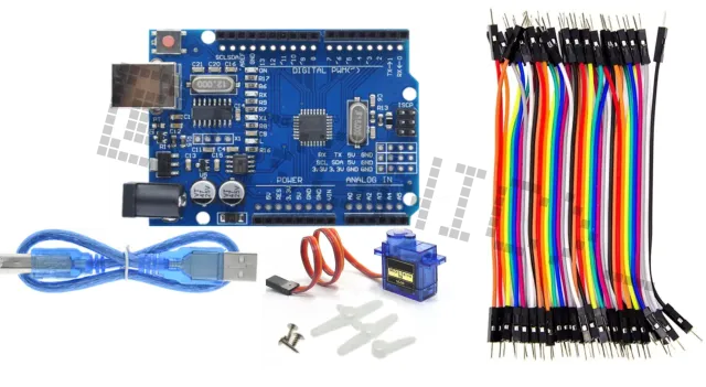 Kit de démarrage pour Arduino Uno R3 avec micro servo SG90 et jeu de 40 câbles Dupont