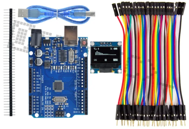 Kit de démarrage pour Arduino Uno R3 avec écran OLED 0,96 pouce et kit de câbles Dupont de 40 pièces
