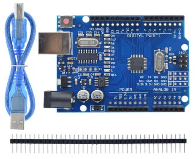 Arduino UNO R3 compatible avec câble USB et broches d’en-tête.