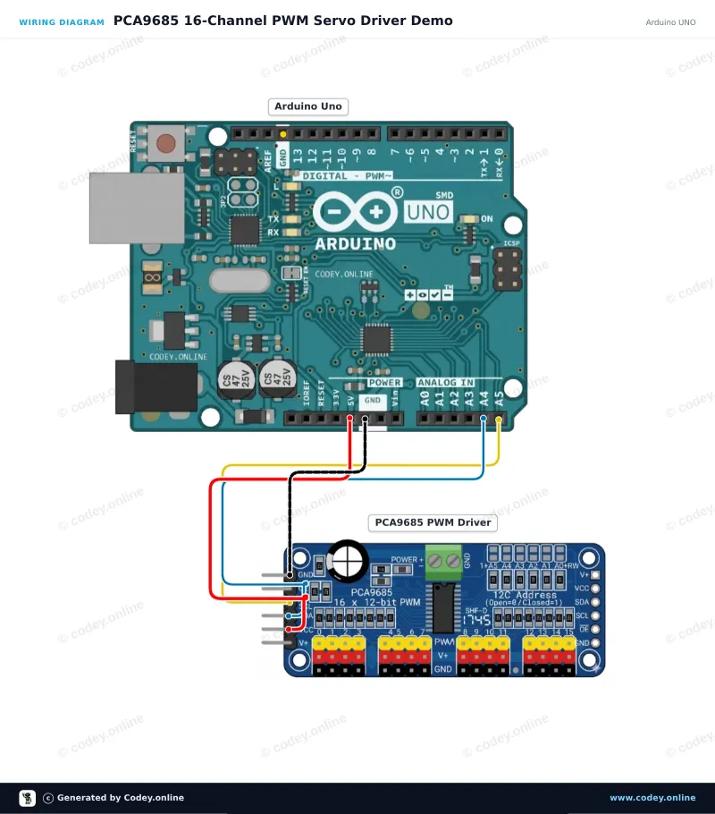 Schéma de câblage : Driver servo PWM 12 bits 16 canaux I2C sur un Arduino UNO