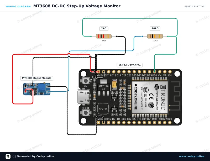Schéma de câblage : Module d’alimentation élévateur DC-DC MT3608 2 A max. sur un ESP32 DevKit V1