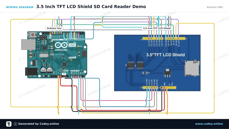 Schéma de câblage : Bouclier TFT à écran tactile de 3,5 pouces pour Arduino UNO et Mega sur un Arduino UNO