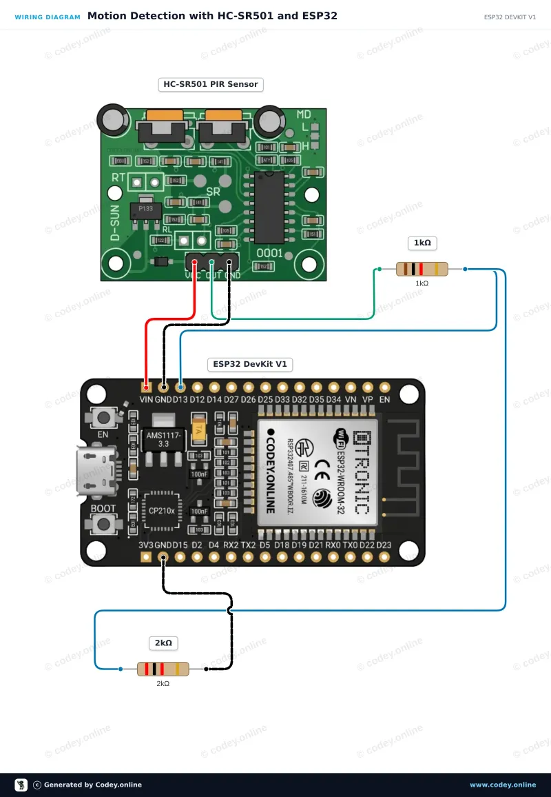Schéma de câblage : Capteur PIR HC-SR501 capteur de mouvement sur un ESP32 DevKit V1